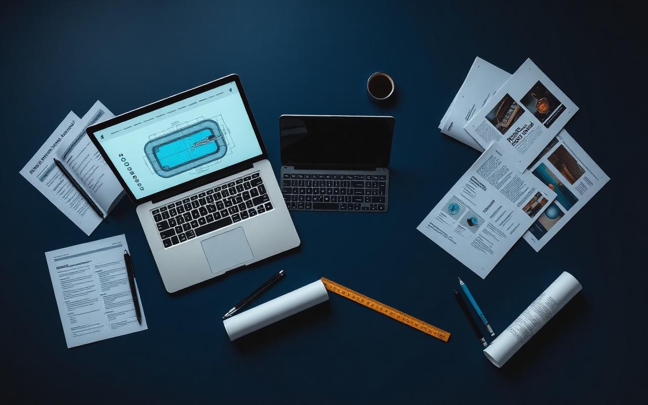 Mesa de trabalho do projetista com notebook, plantas de piscina e checklists
